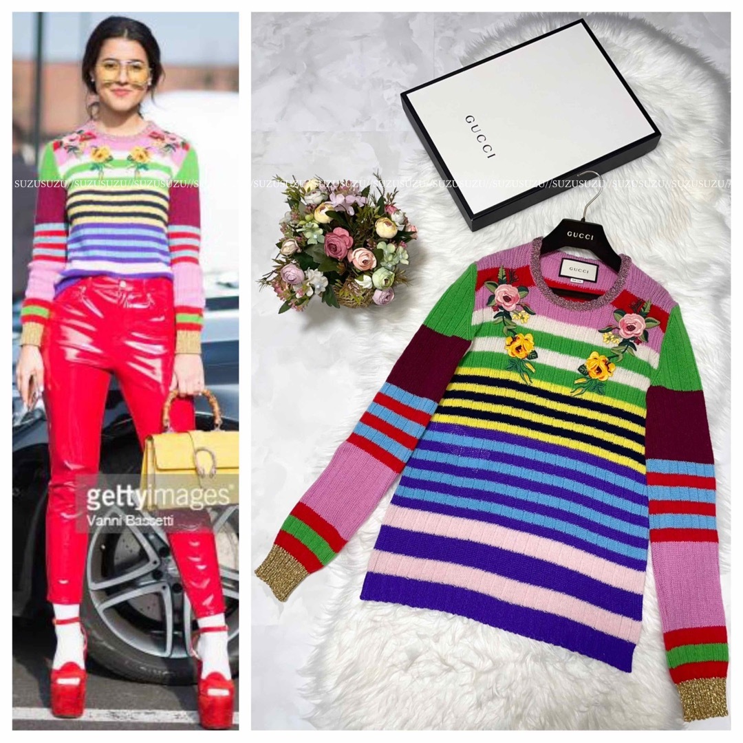 GUCCI - 本物 美品 グッチ 花柄 フラワー 刺繍 ボーダー 長袖 ニット