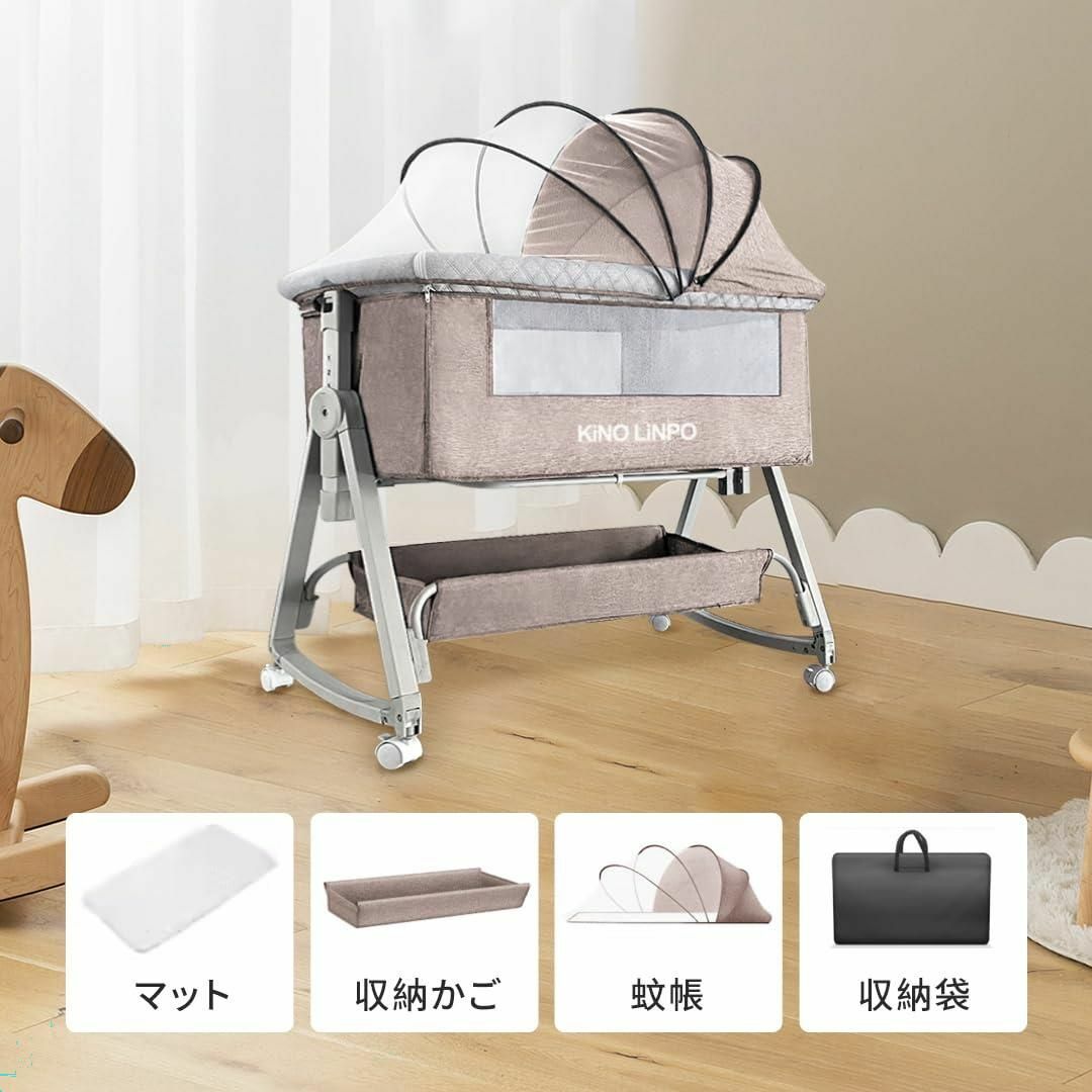 色:カーキ】Kino Linpo ベビーベッド 添い寝 新生児ベッド 乳児用ベの
