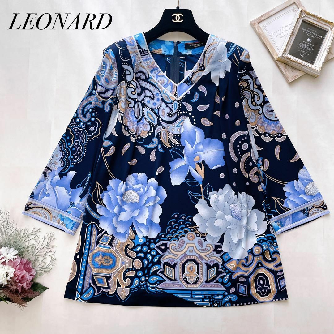 LEONARD SPORT 花柄刺繍 五分袖チュニック 42 LEONARD SPORT 花柄刺繍
