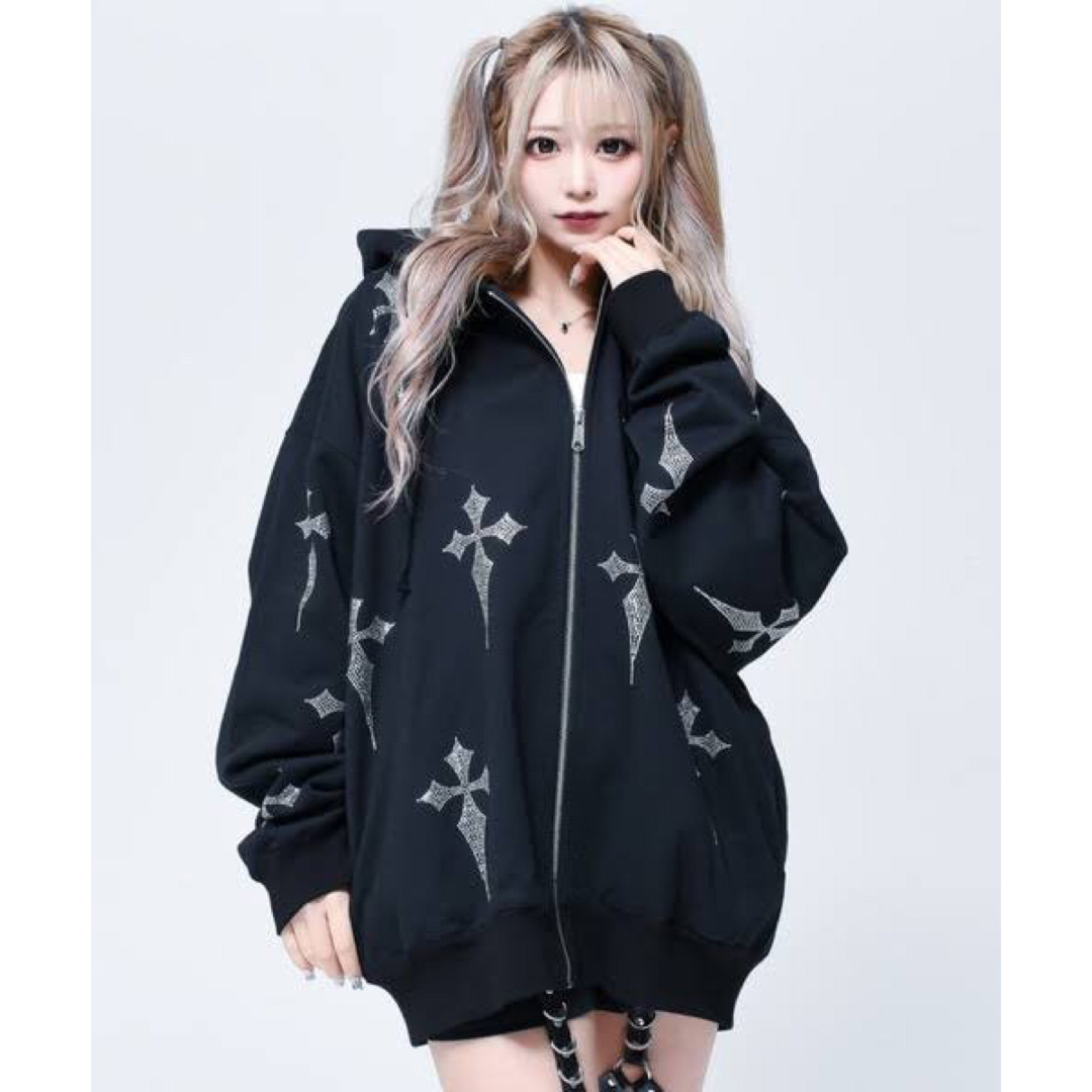 REFLEM - REFLEM レフレム ラインストーン 十字架 クロス パーカー 黒