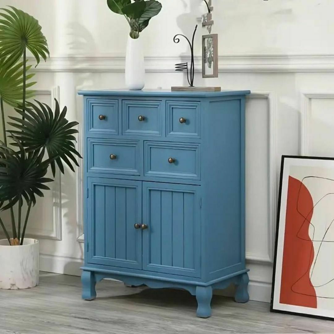 キャビネット 収納 引き出し 青 木製 幅60 奥行35 5段 北欧風