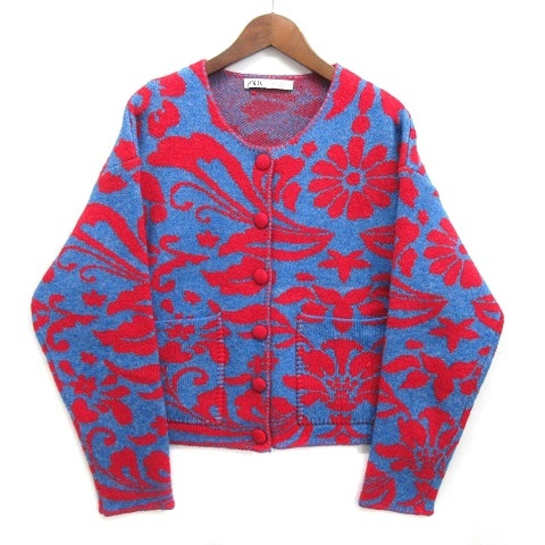 ZARA - ザラ ZARA ジャガード ニット カーディガン 長袖 ブルー レッド