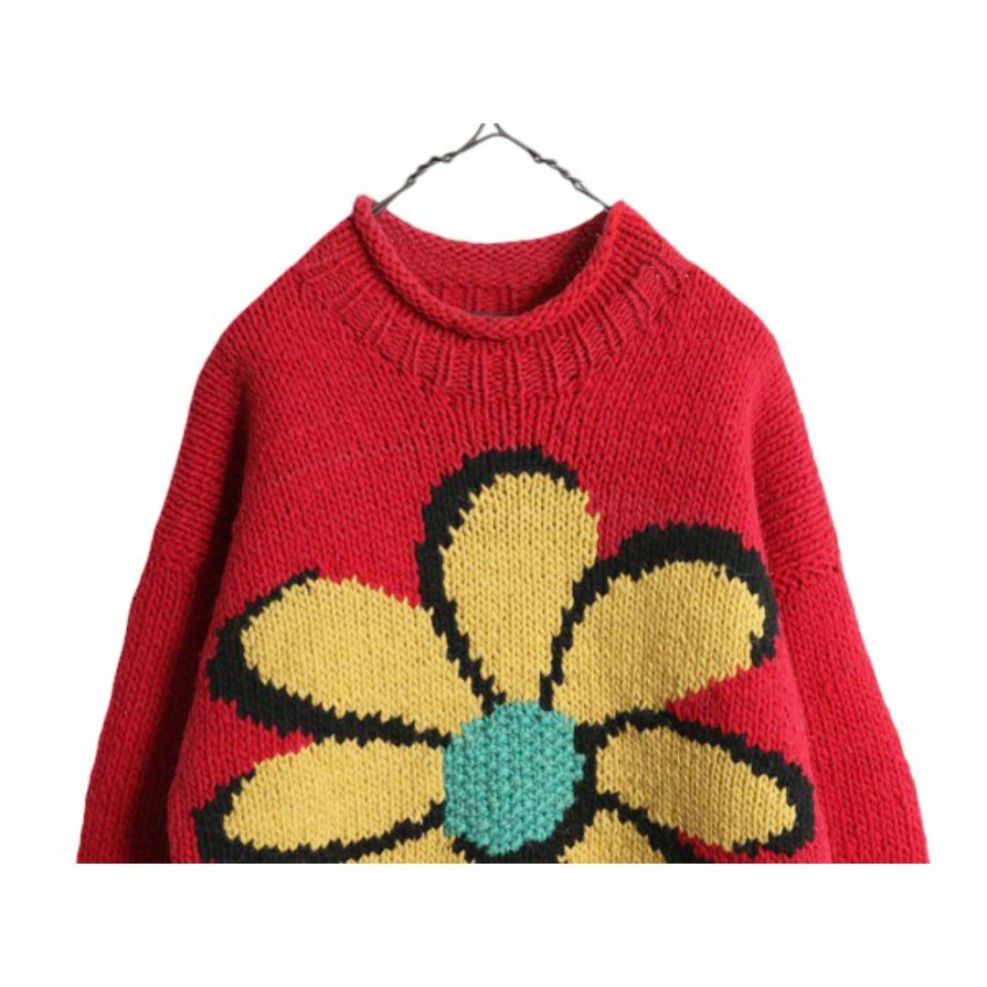 手編み エクアドル製 ☆ ISHKA ロールネック 両面 花 ウール ハンド