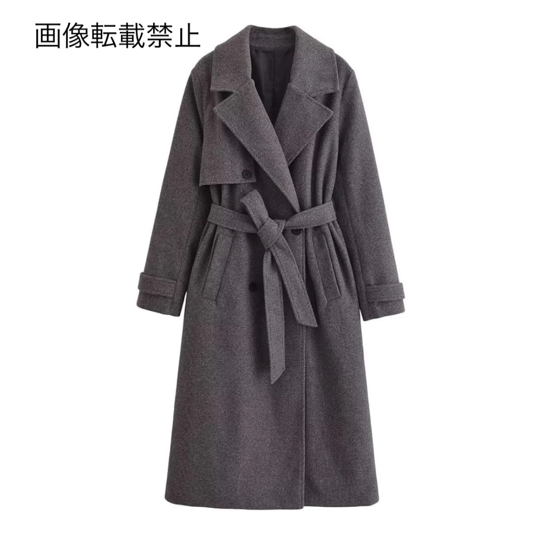☕️11月新作🌇15752◇gray グレー ベルト付き ダブル ロングコートの