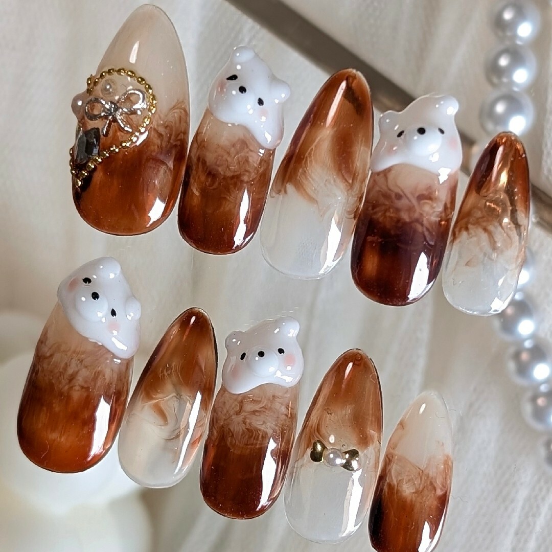 カフェラテ バレンタイン くま ネイルチップの通販 by putty nail｜ラクマ