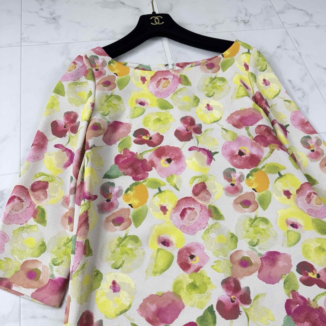 シビラ ワンピース フレア ボタニカル柄 ミディ丈ピンク マルチカラー