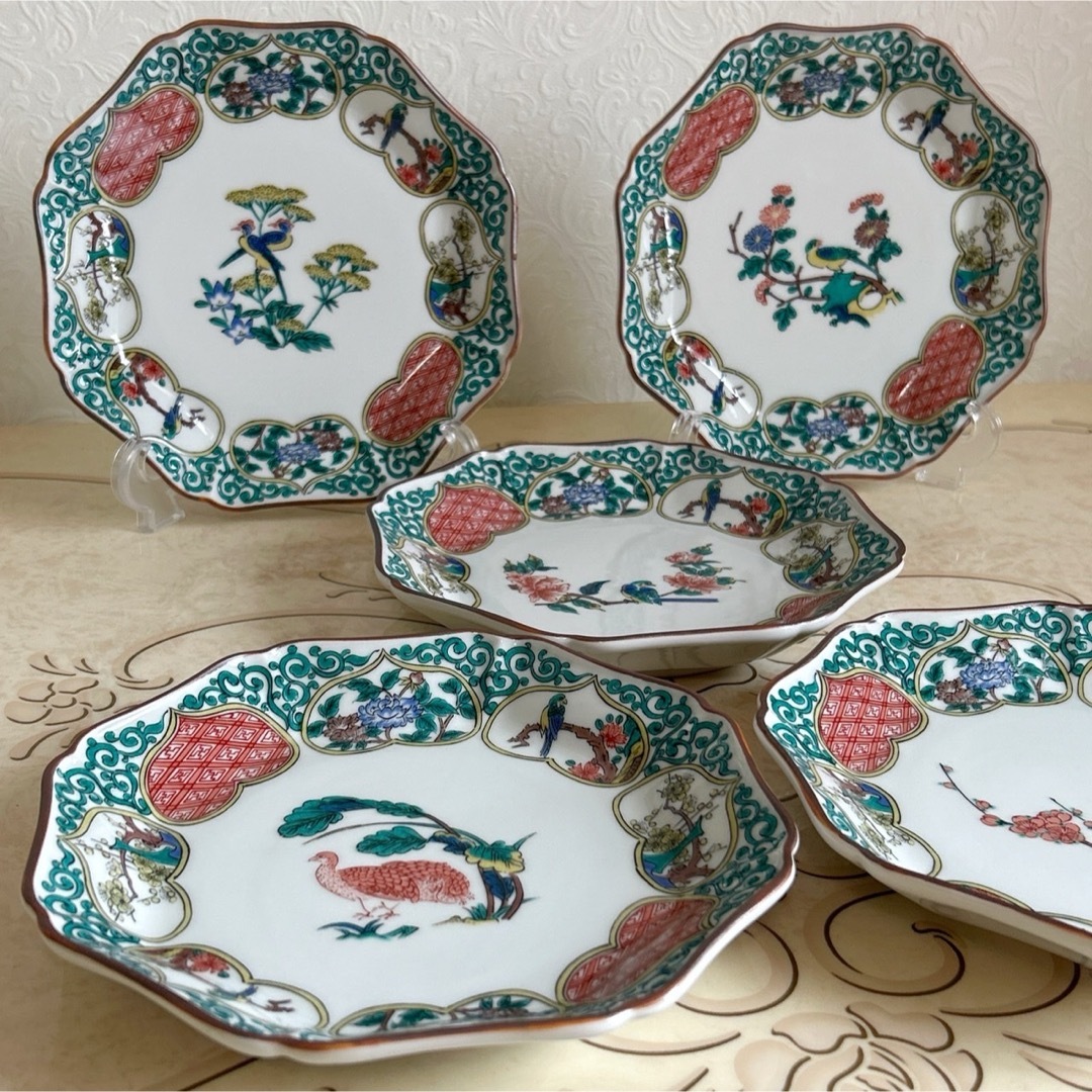 九谷青窯 - 九谷焼 秋月 絵変わり 窓絵花鳥図 中皿揃 5枚セット 輪花