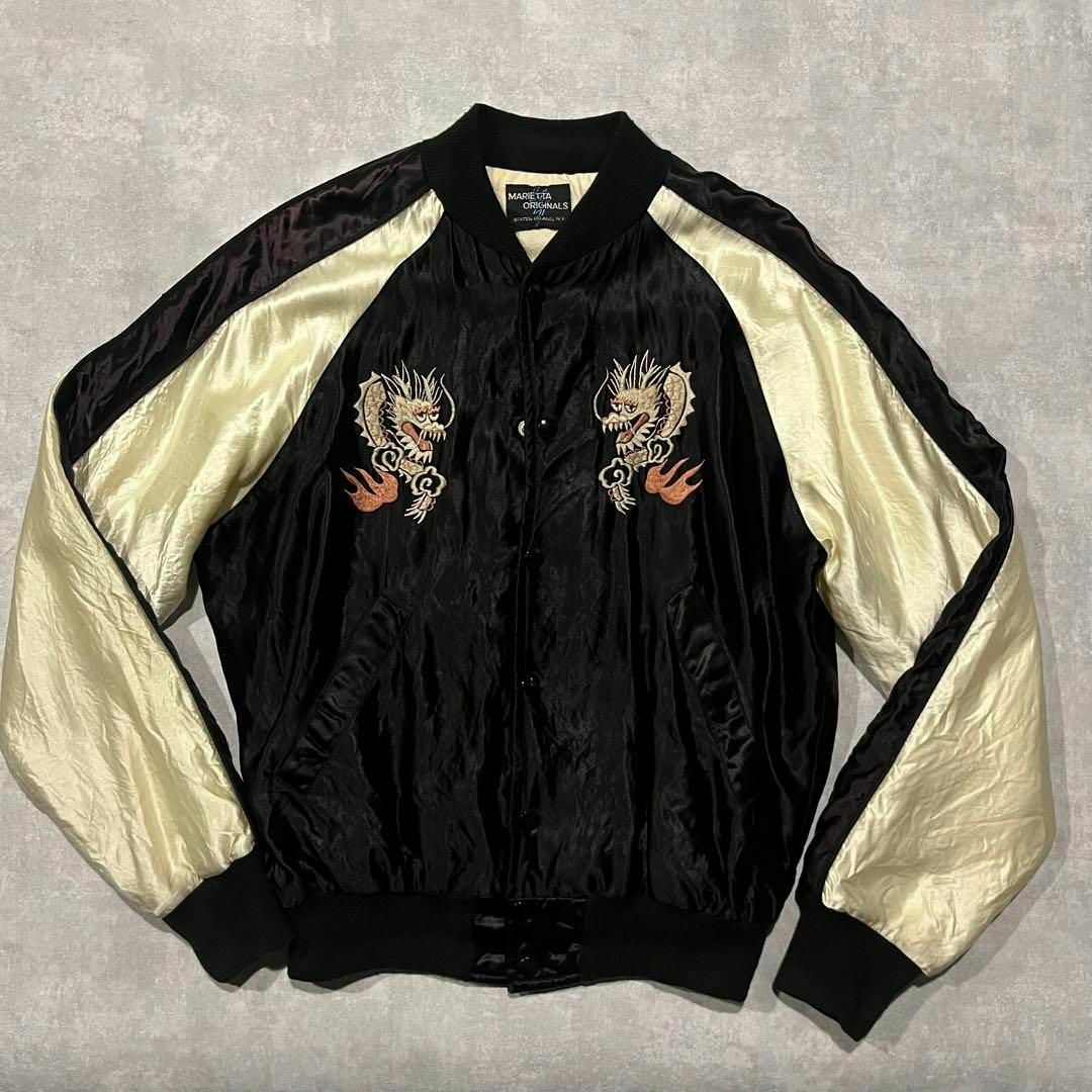 VINTAGE - 70s スカジャン 龍 日本地図 刺繍 ブラック スタジャン