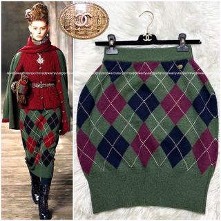 本物 ランウェイ 極美品 シャネル ダイヤチェック カシミア スカート 38