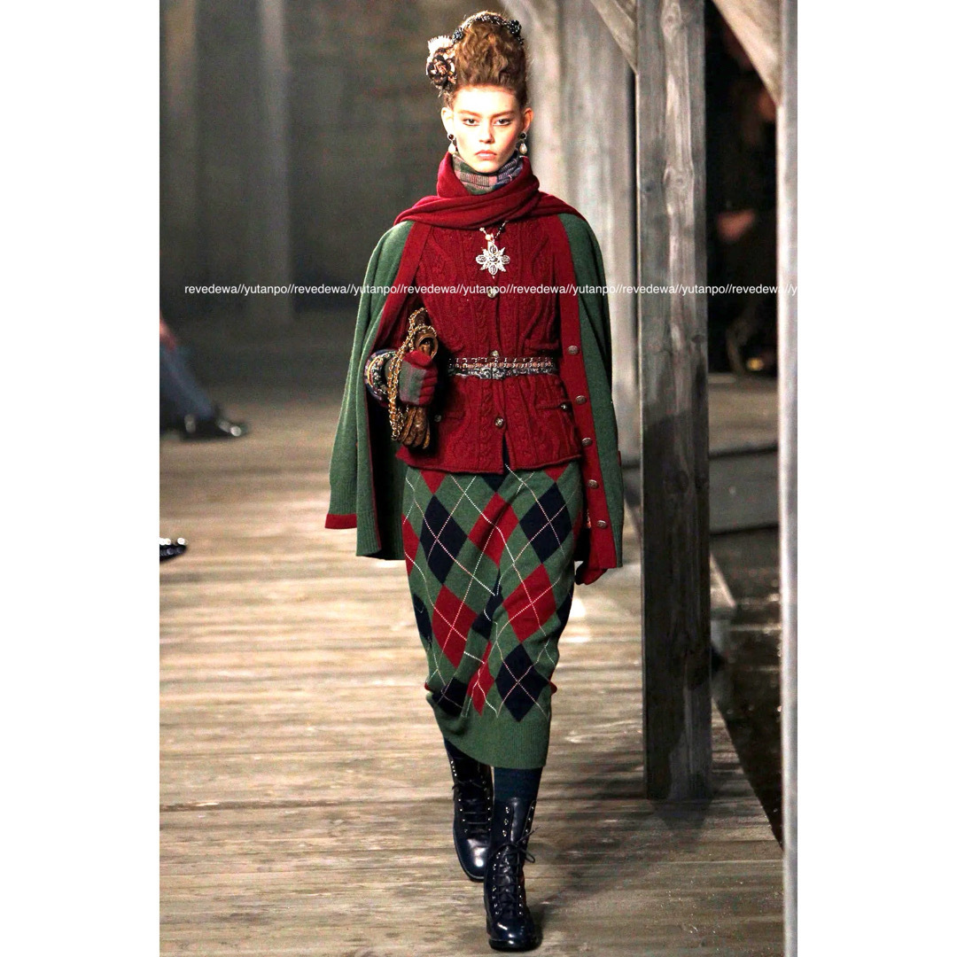 本物 ランウェイ 極美品 シャネル ダイヤチェック カシミア スカート 38