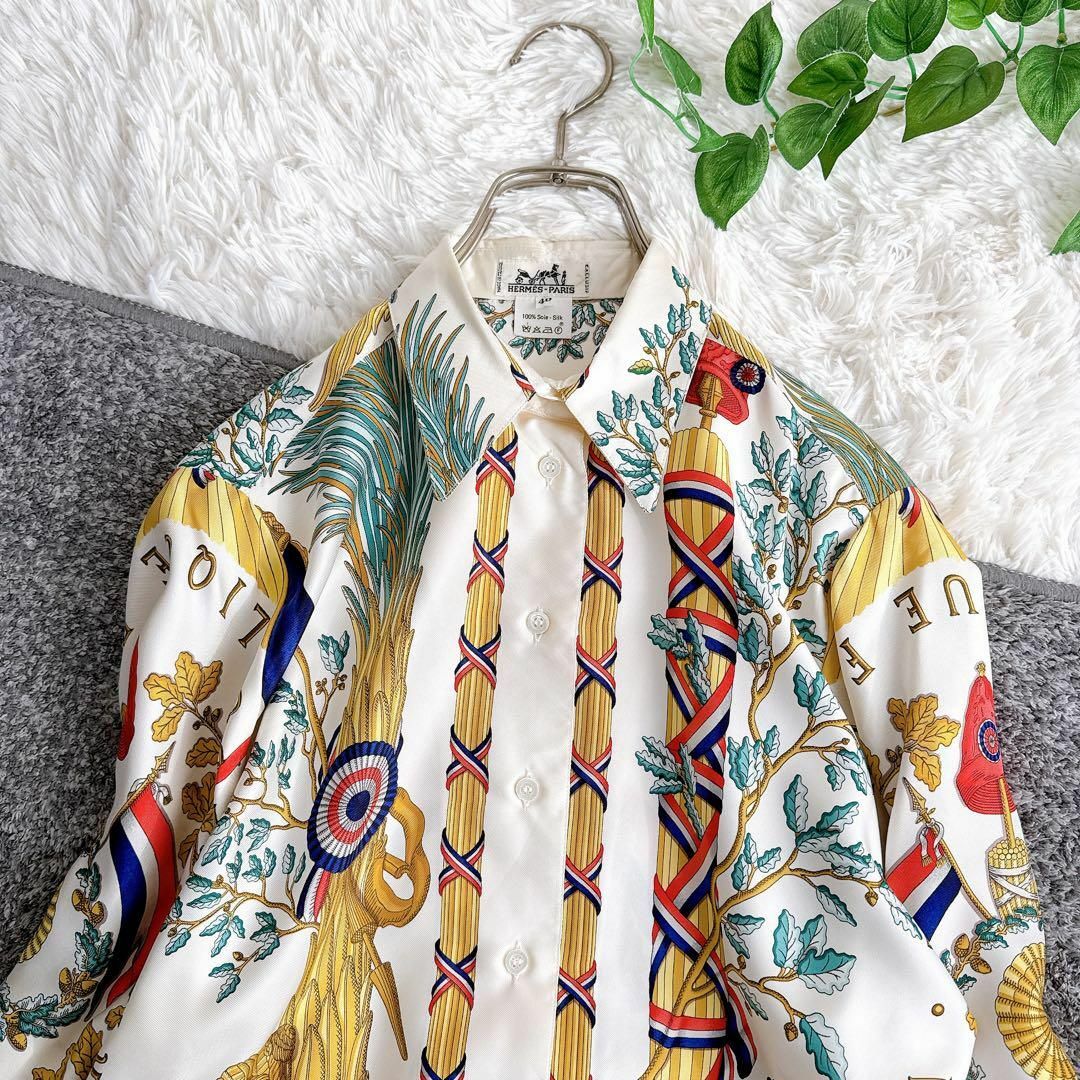 HERMES - オールド エルメス 長袖シャツ ブラウス スカーフ柄 ロゴ入り