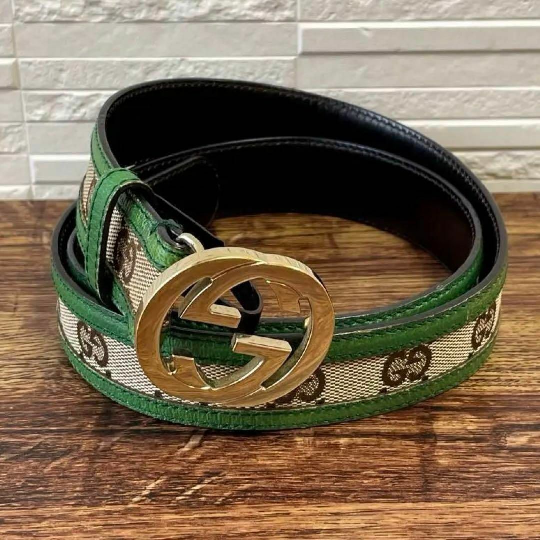 美品GUCCI グッチ キャンバス × レザー GG バックル ベルト インター