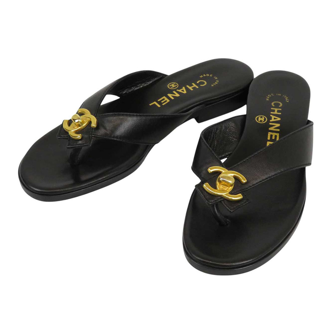 シャネル CHANEL サンダル 靴 シューズ サテン ブラック 黒 ゴールド