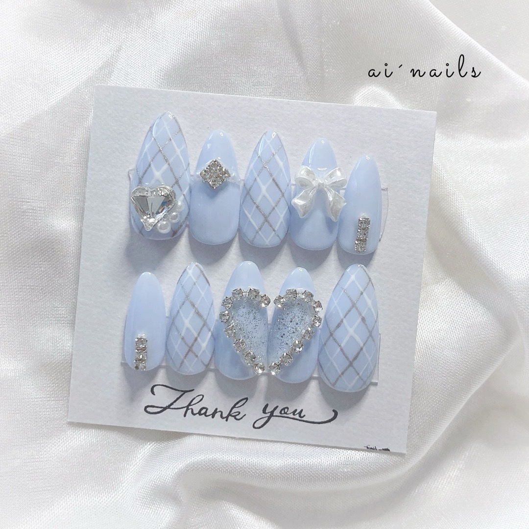 お急ぎ便A ネイルチップ 量産型 水色 シンプル チェック柄 ワンホン