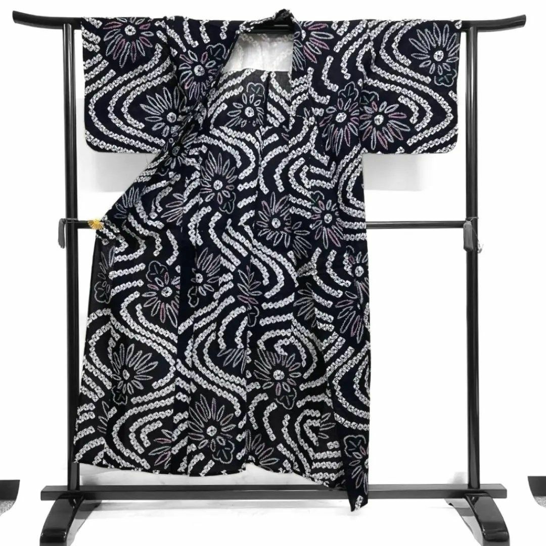 浴衣 有松鳴海絞り 菊花 流水 鹿の子 ネイビー 藍染 着物 052a dの通販