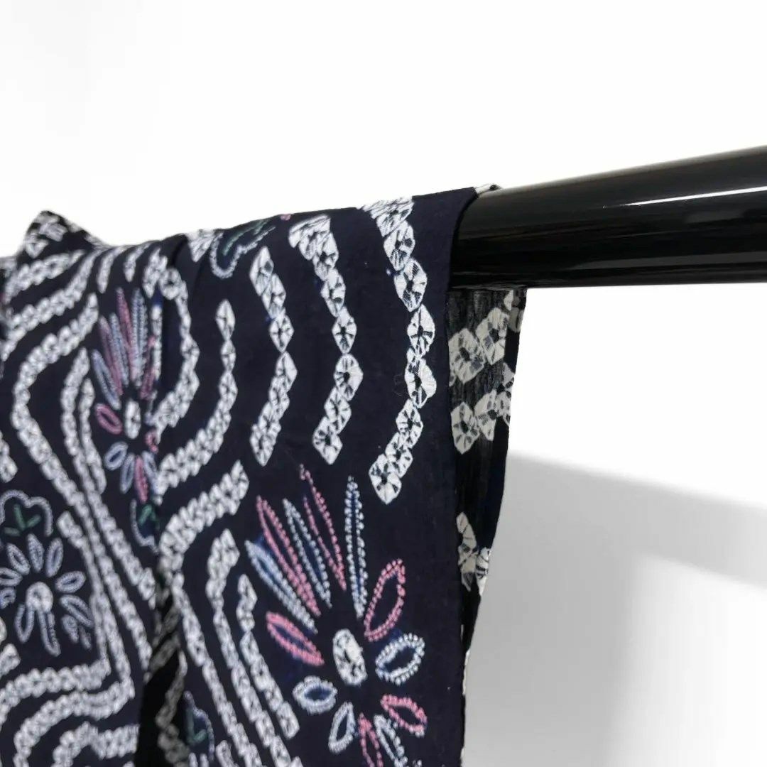 浴衣 有松鳴海絞り 菊花 流水 鹿の子 ネイビー 藍染 着物 052a dの通販