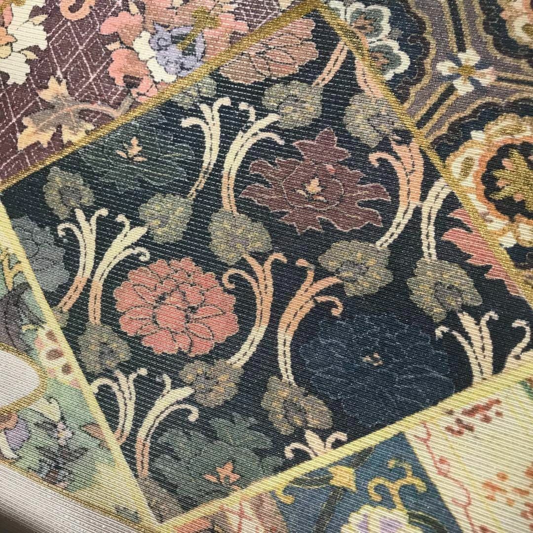 FF-192 袋帯 銀通し 正絹 太鼓柄 オリエンタル ボタニカル 美品の通販