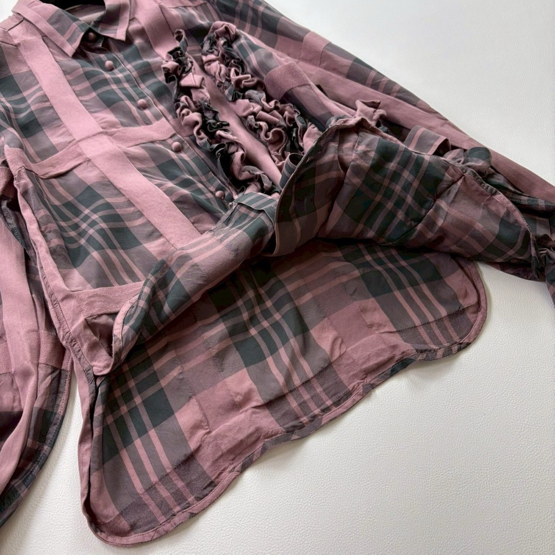 チカキサダ 長袖 フリルデザイン ブラウス チェック リボン アシンメトリー