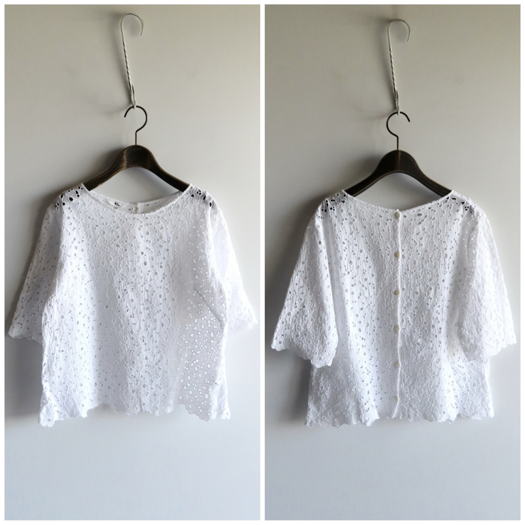 45R カットワークレースのバックボタンブラウス 3 ホワイト 45rpm