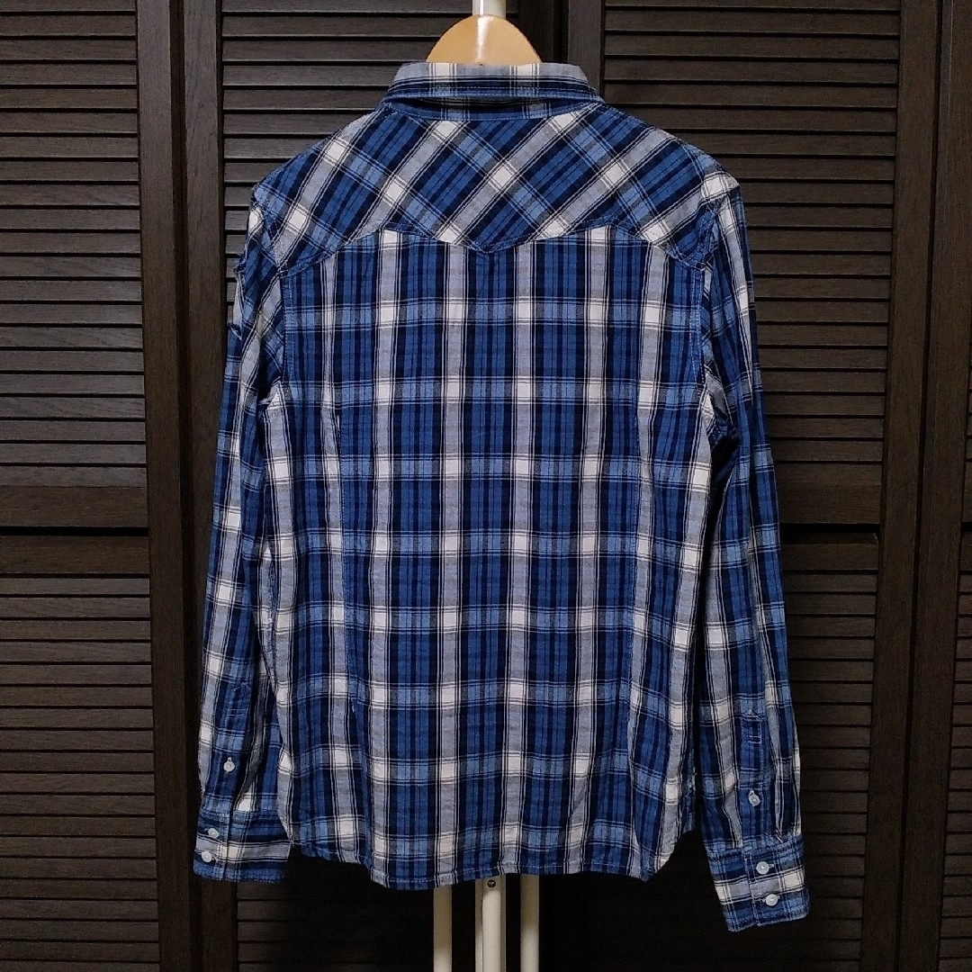 M - キムタク着 エム ウォッシュ加工インディゴ チェックシャツ長袖