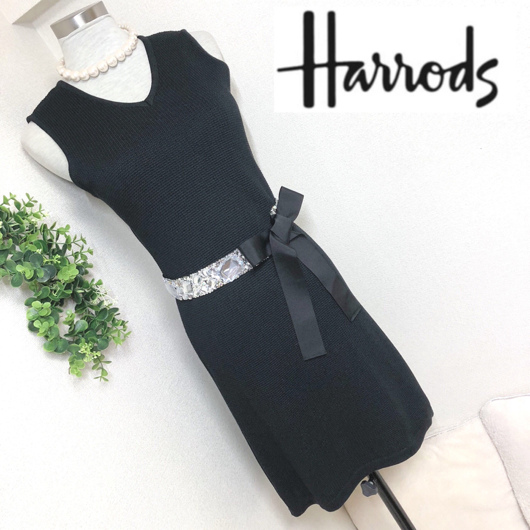 ハロッズ Harrodsビジューベルトリボン付タイトワンピース黒