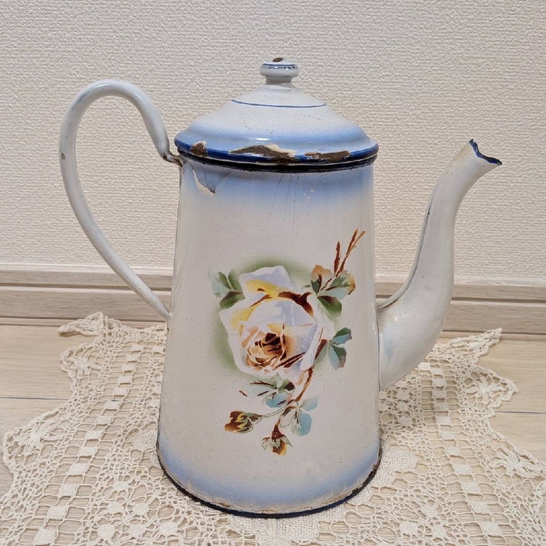 フランス アンティーク JAPY ホーロー ポット 薔薇 シャビー