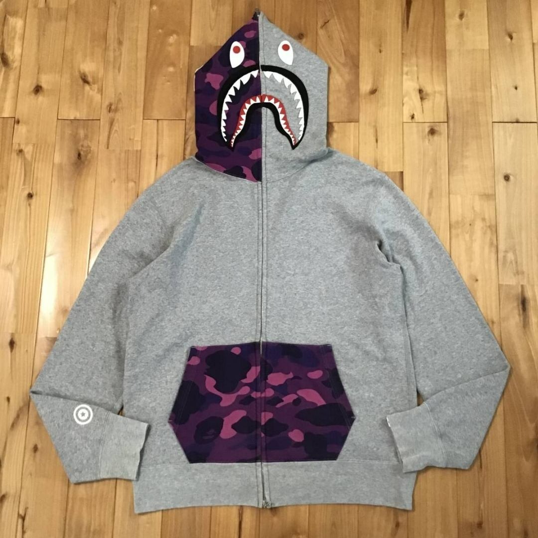A BATHING APE - BAPE Purple camo × グレー シャーク パーカー ベイプ