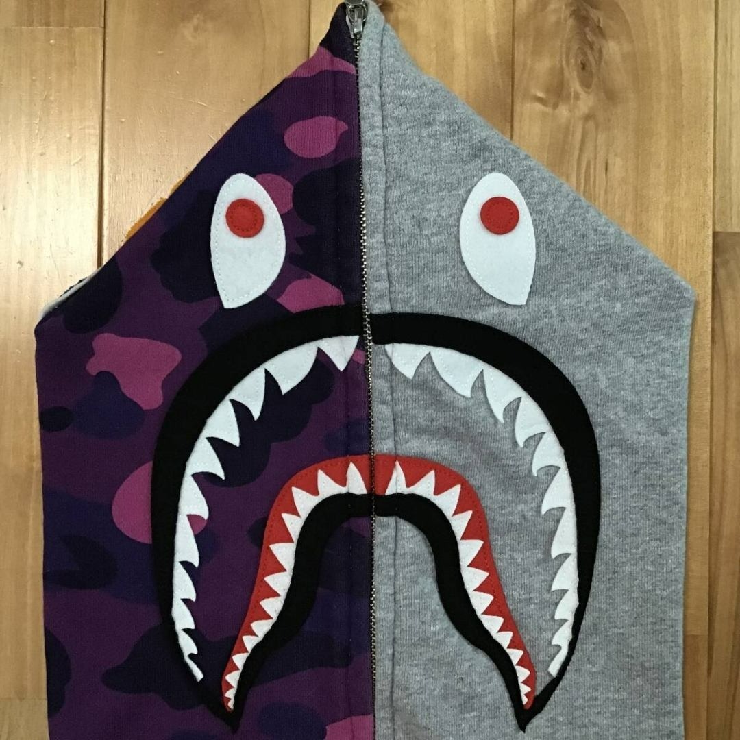A BATHING APE - BAPE Purple camo × グレー シャーク パーカー ベイプ