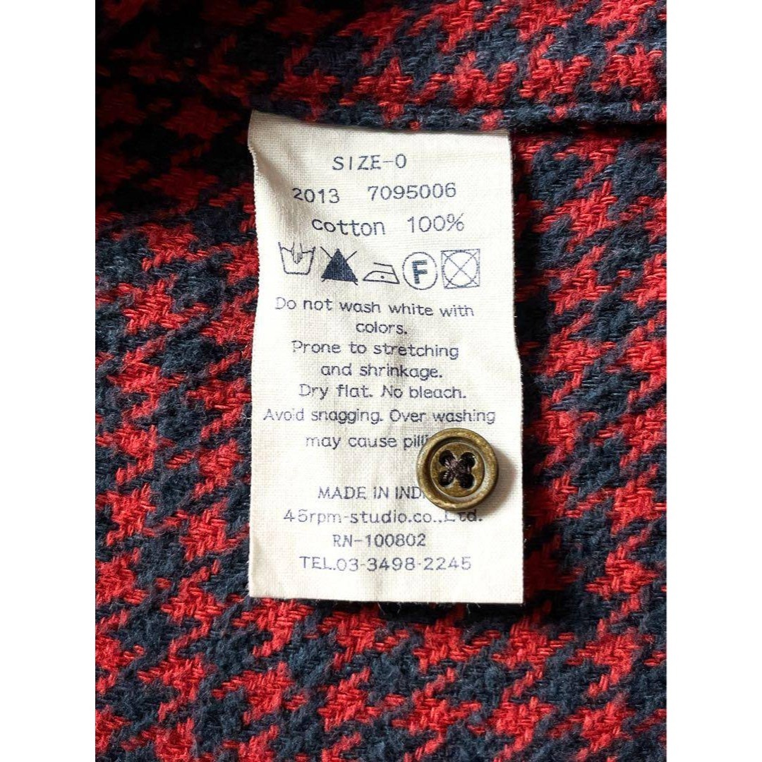 45R】45rpm 綿100% 千鳥格子柄 スキッパーシャツワンピース 赤 0