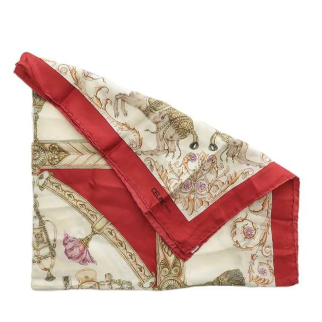 CELINE - セリーヌ スカーフ 絹 シルク 大判 馬 タッセル ロゴ 総柄 白