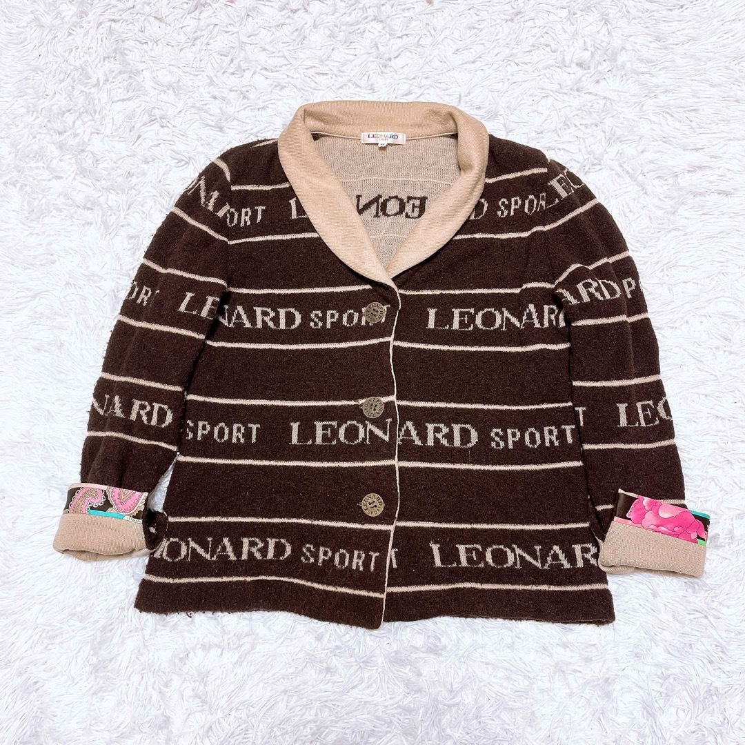 LEONARD レオナール ロゴ ニット カーディガン 花柄 総柄 ブラウン