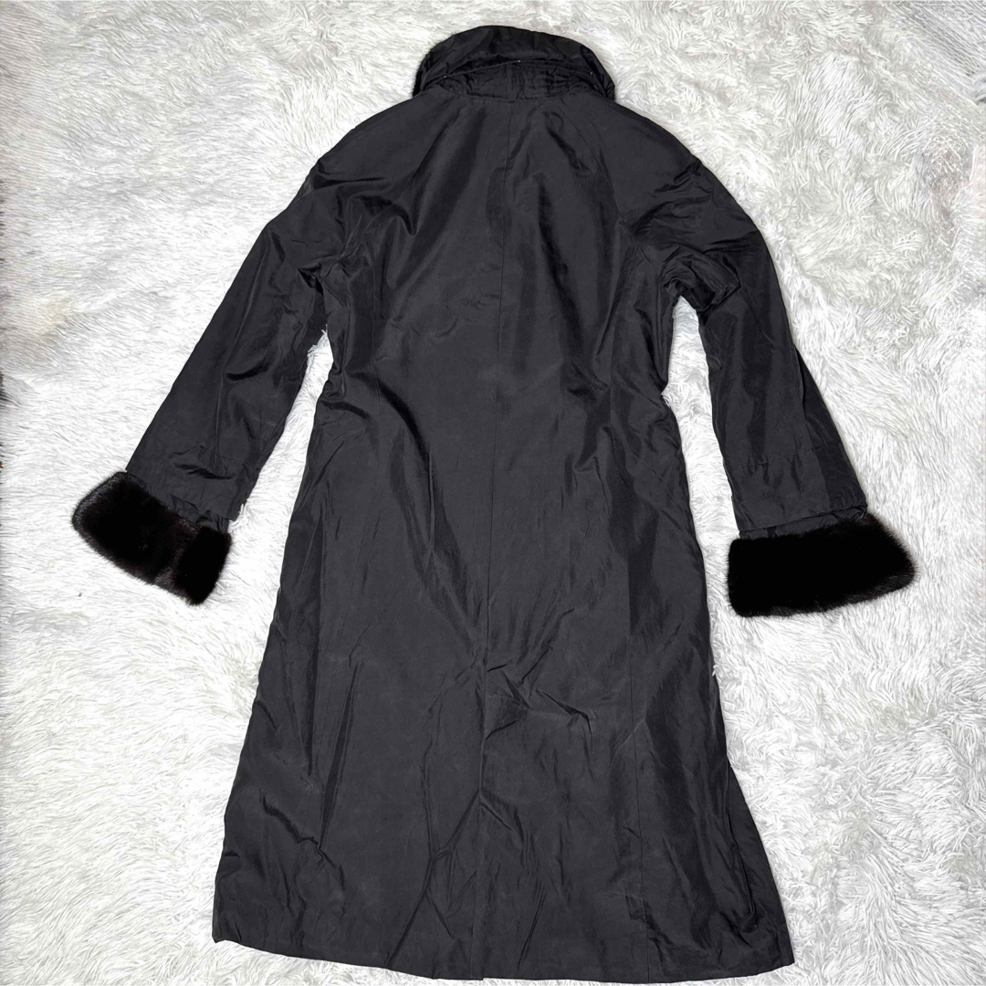 レオナール シルク100% ロングコート ミンクファー ペイズリー柄 黒 M