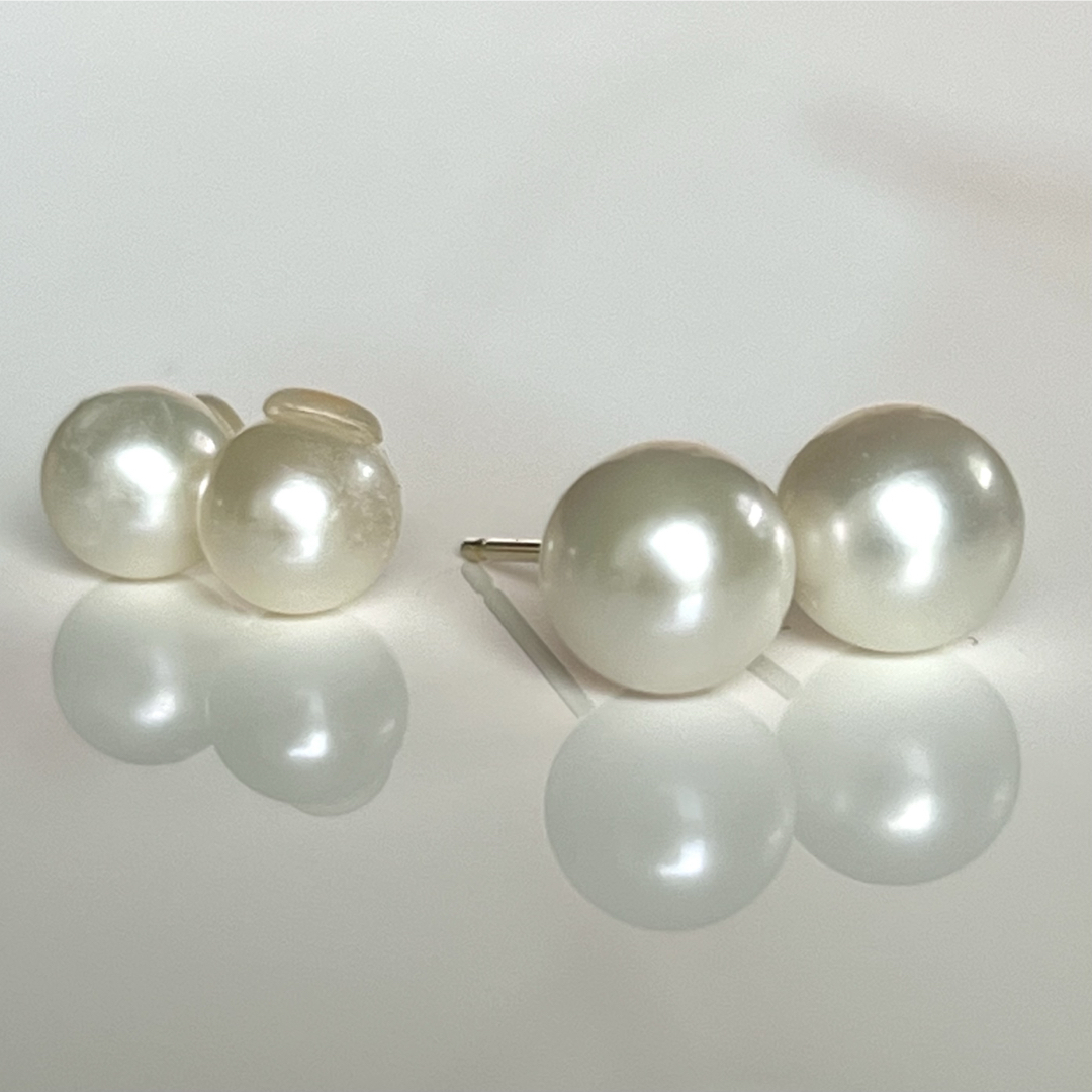 新品 K18 越物7.0mmアコヤパールと6mm淡水パールのダブルパールピアス