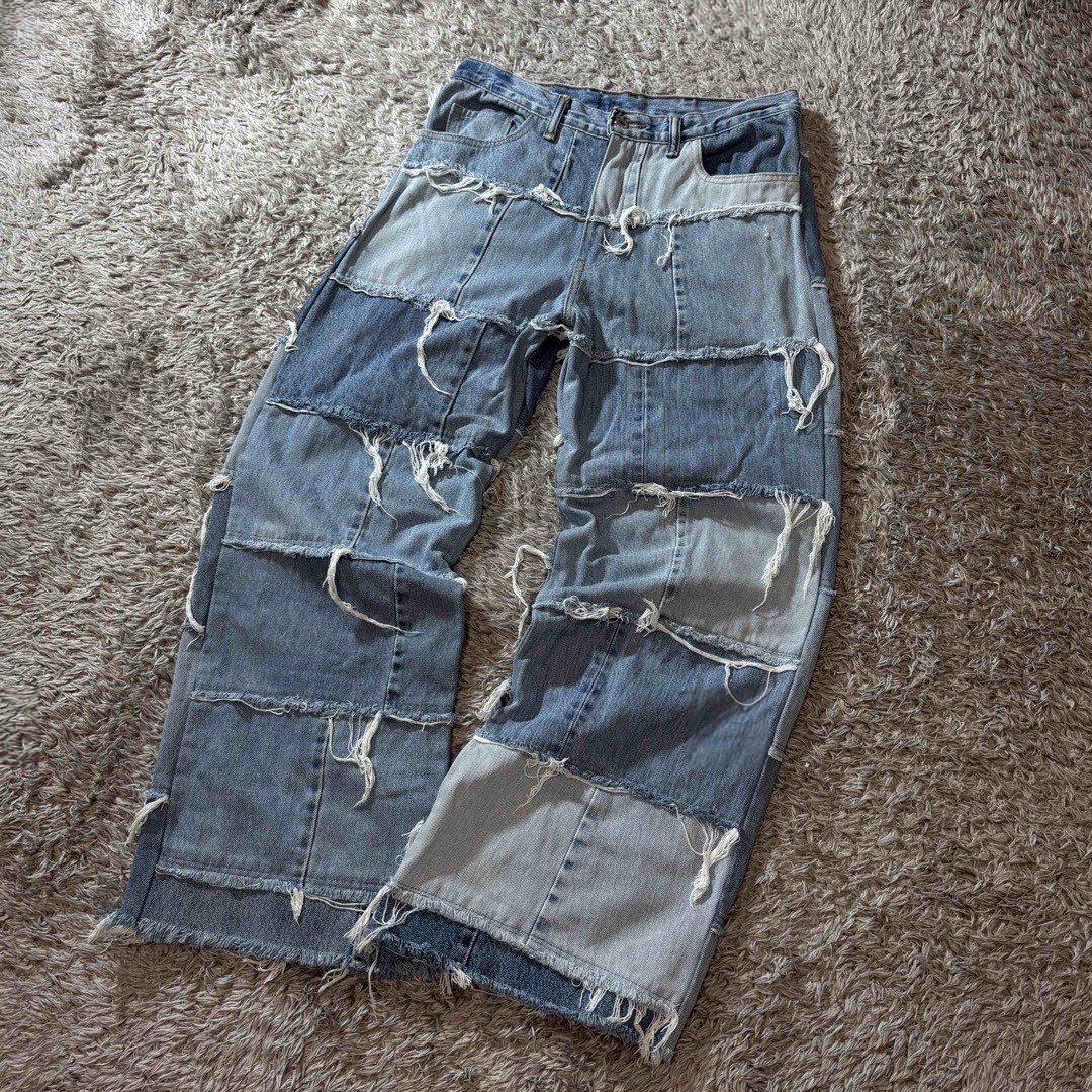 唯一無二 リメイク デニム パッチワーク ワイドパンツ フレア 極太