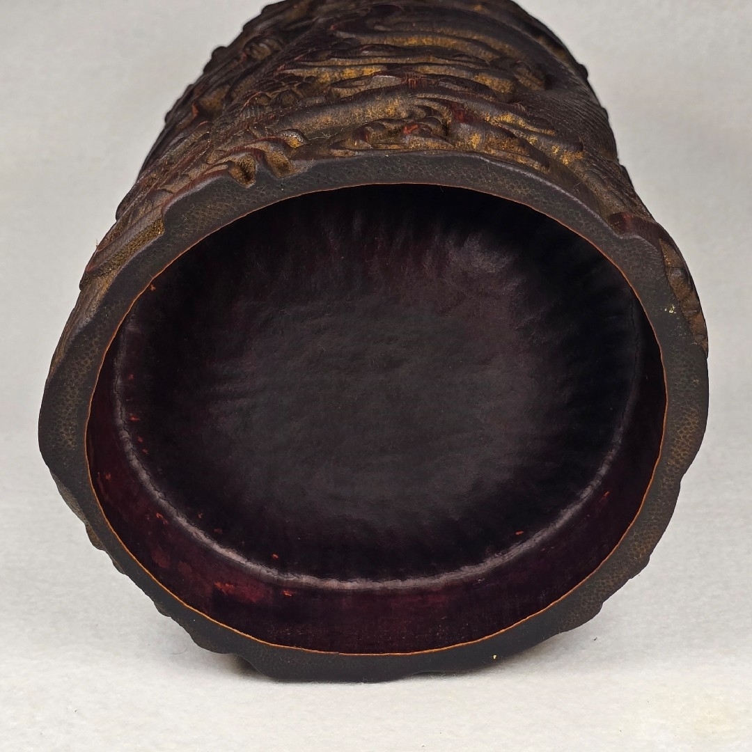 文房具 本物古竹材 細工 浮彫り 雲中飛龍紋 筆筒 美品 激安 文房具