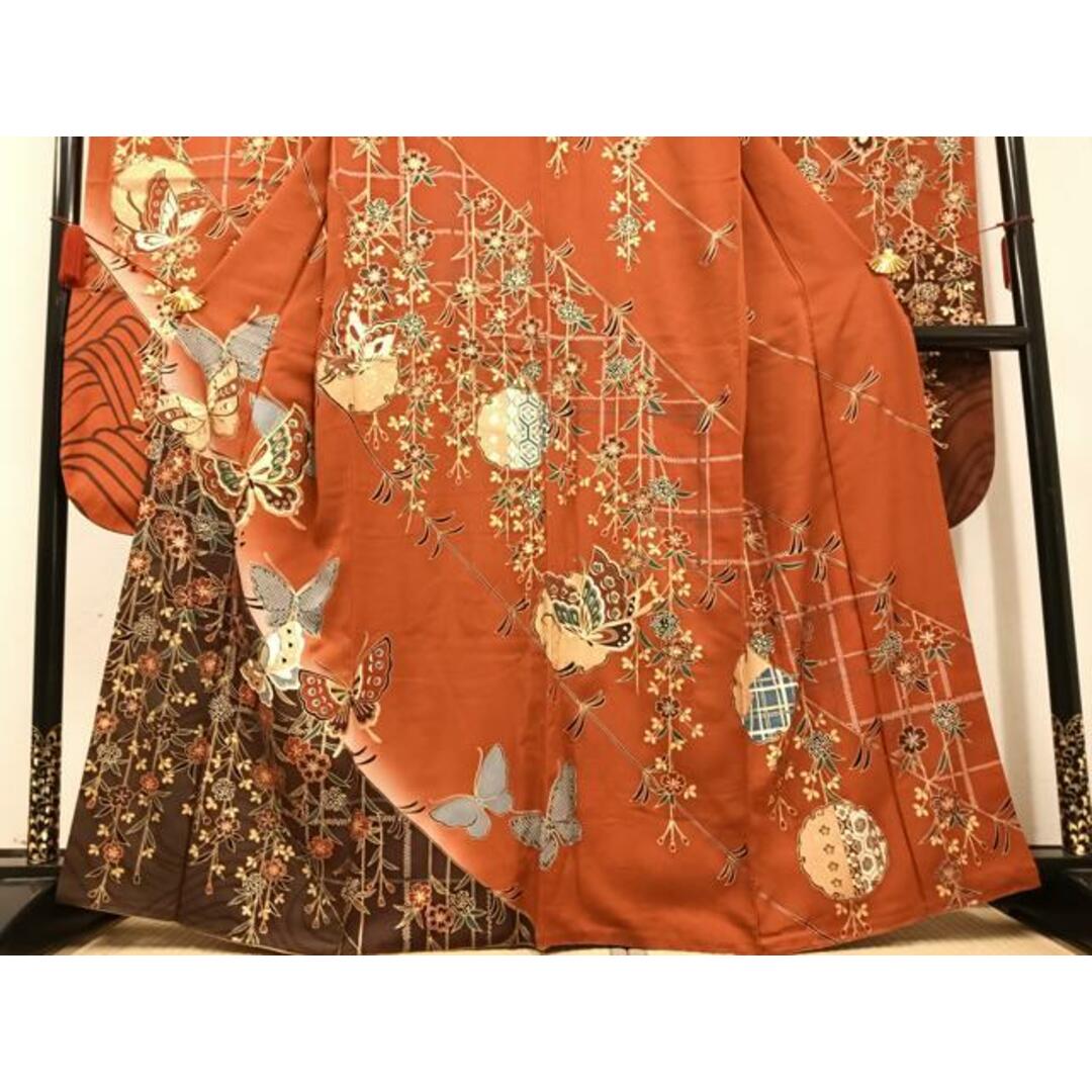 振袖 フルセット6点サイズM〜L刺繍 吉祥花蝶文 暈し染め 金糸 金彩
