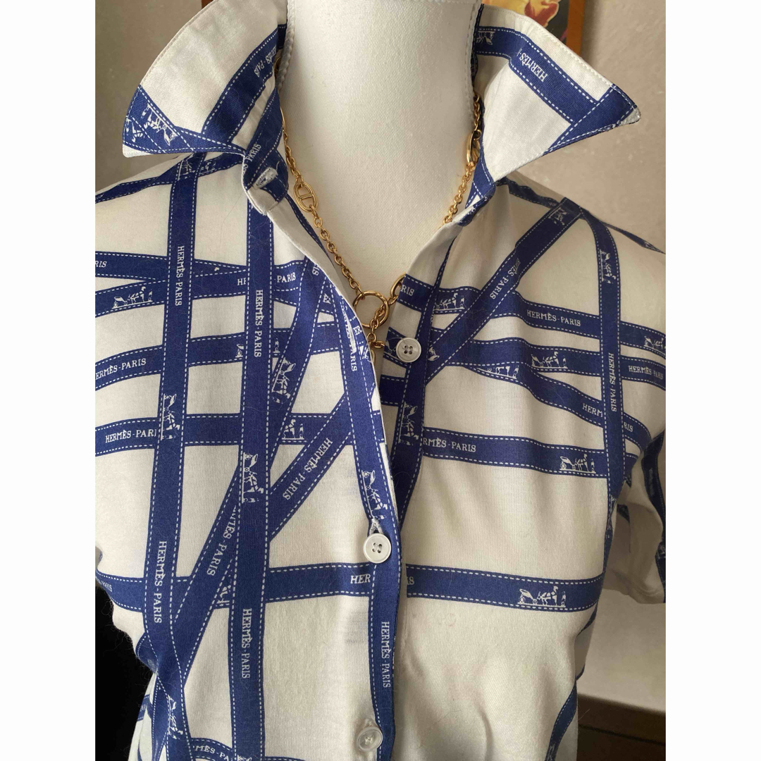 HERMES - HERMÈS エルメス人気のリボン柄ボルデュックシャツ ブルー