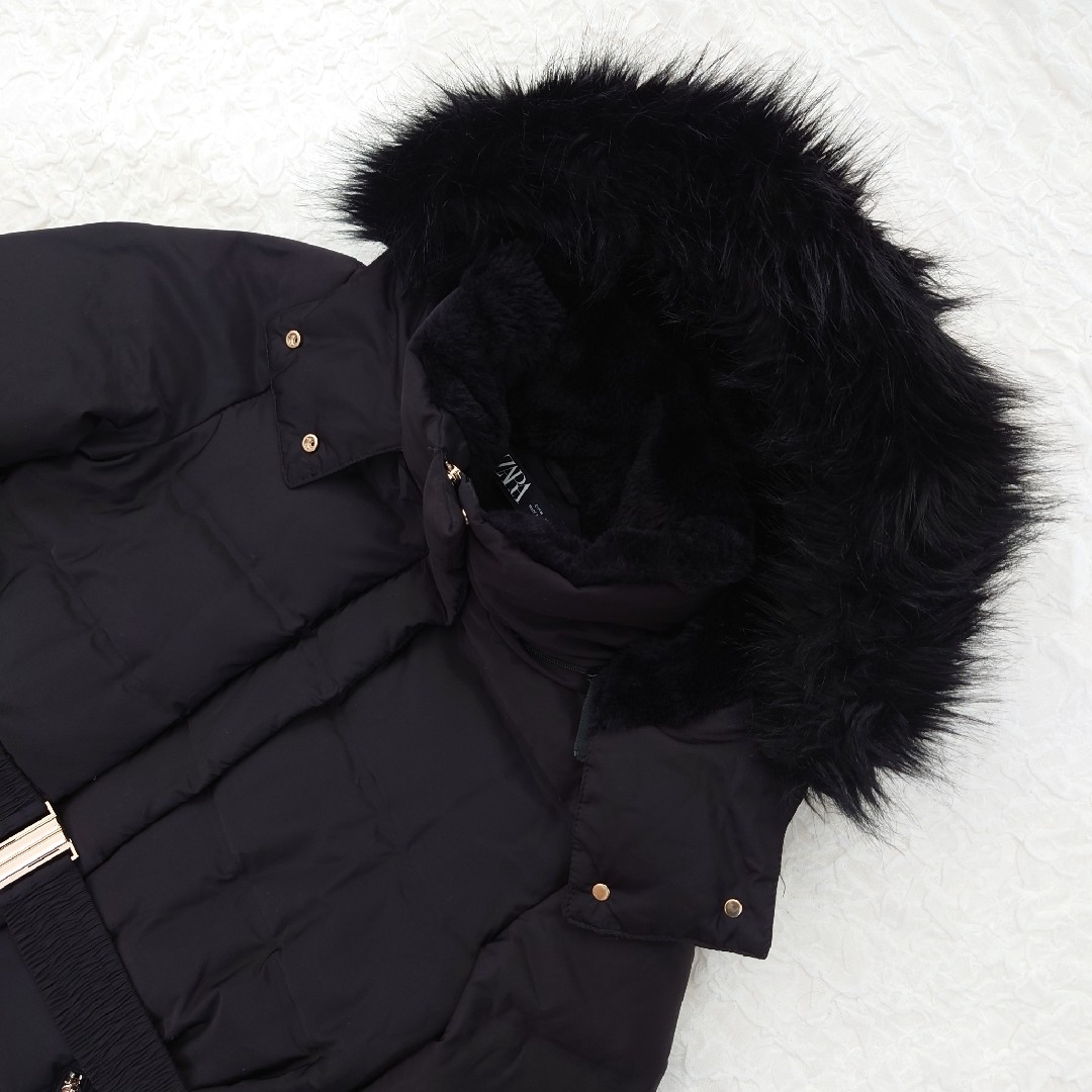 ZARA ザラ フェイクファー ロングダウンコート ウエストベルト M 黒