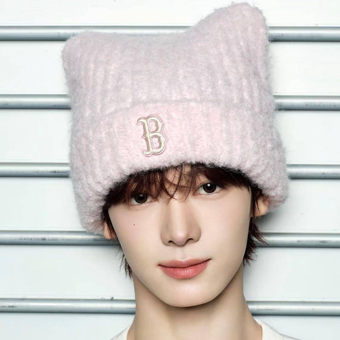 新品】TWS ハンジン カリナ着用 MLB KOREA 猫耳 ニット帽 ピンクの通販