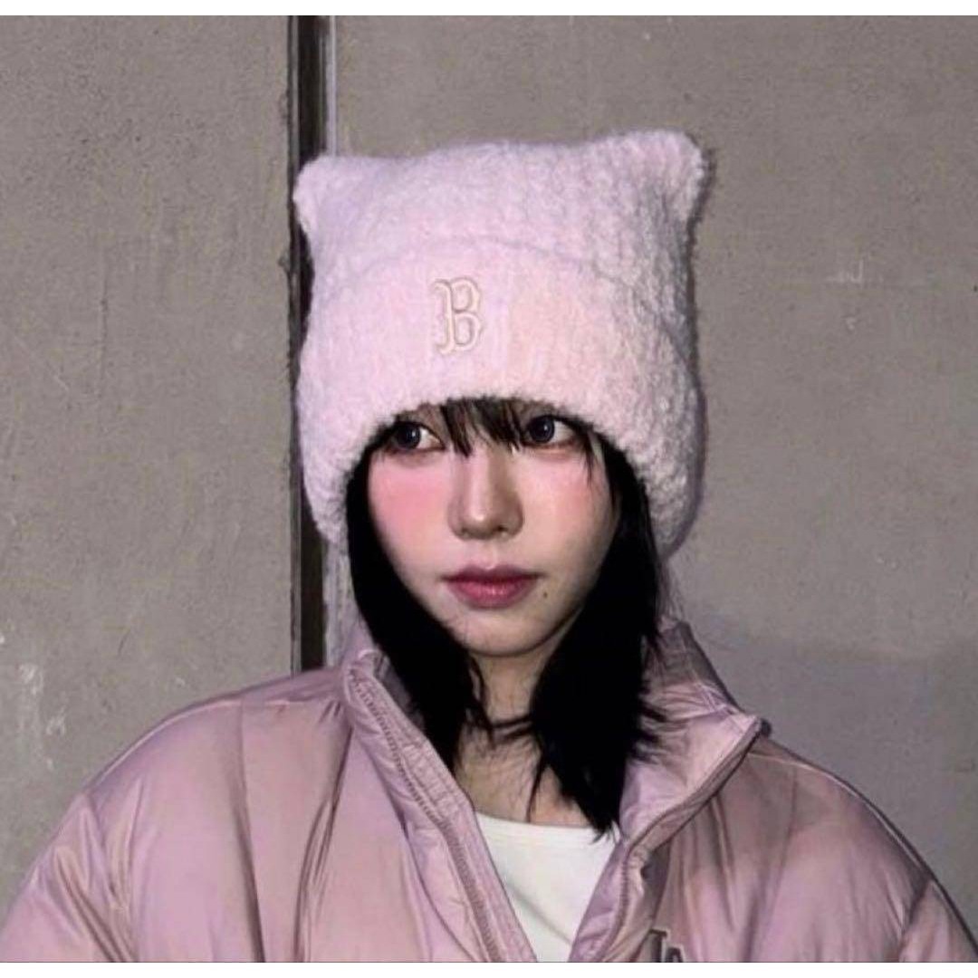 新品】TWS ハンジン カリナ着用 MLB KOREA 猫耳 ニット帽 ピンクの通販