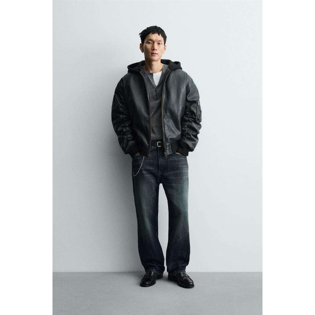 ZARA - ZARA ザラ コントラストフード付きフェイクレザー ジャケット L