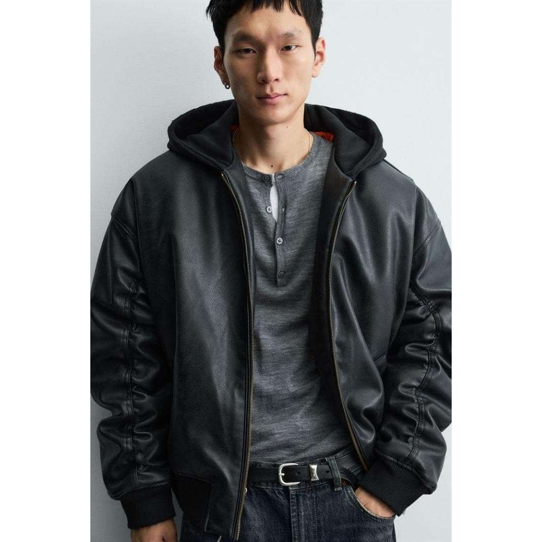 ZARA - ZARA ザラ コントラストフード付きフェイクレザー ジャケット L