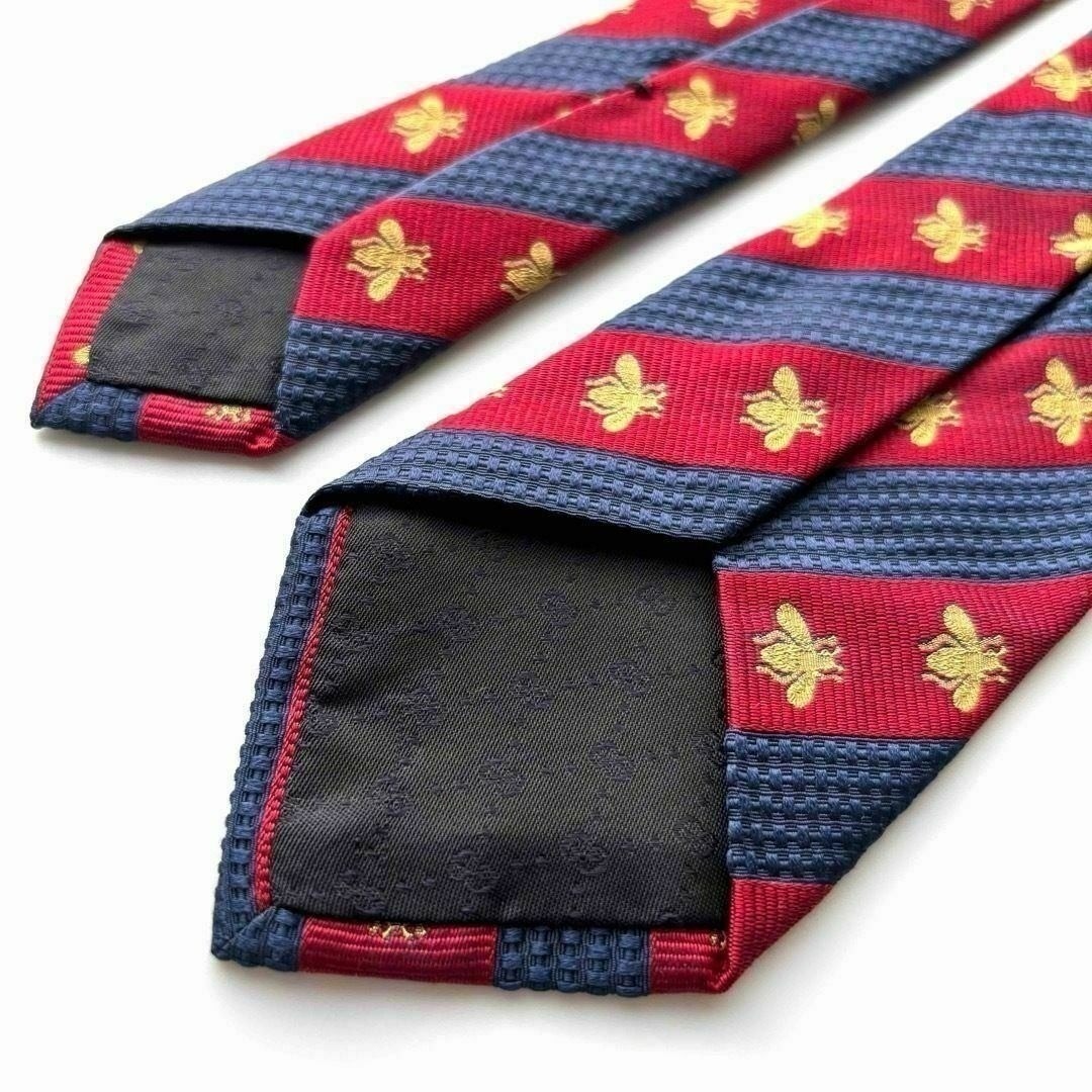 美品꧂ グッチ ネクタイ ナロータイ GG柄 蜂 ストライプ レッド ブルー