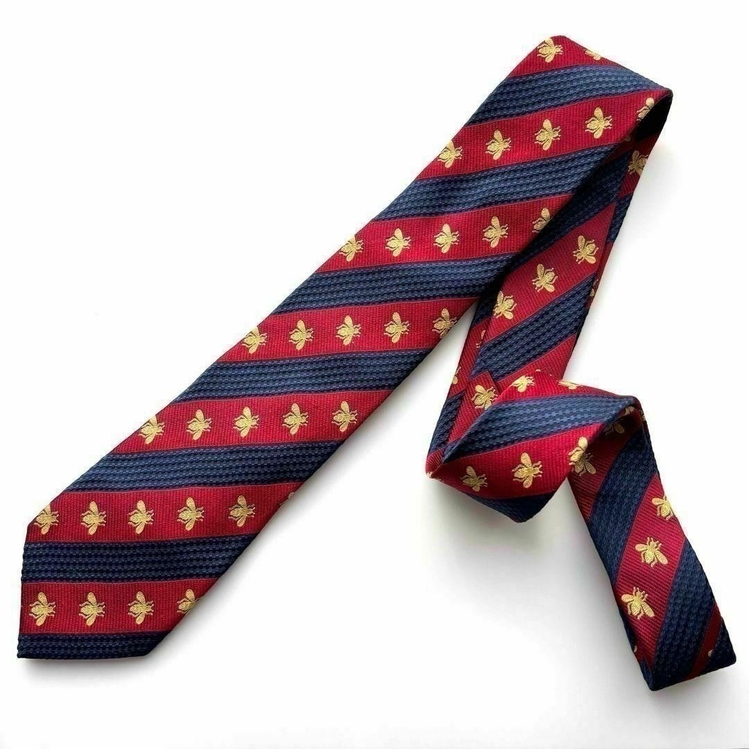 美品꧂ グッチ ネクタイ ナロータイ GG柄 蜂 ストライプ レッド ブルー