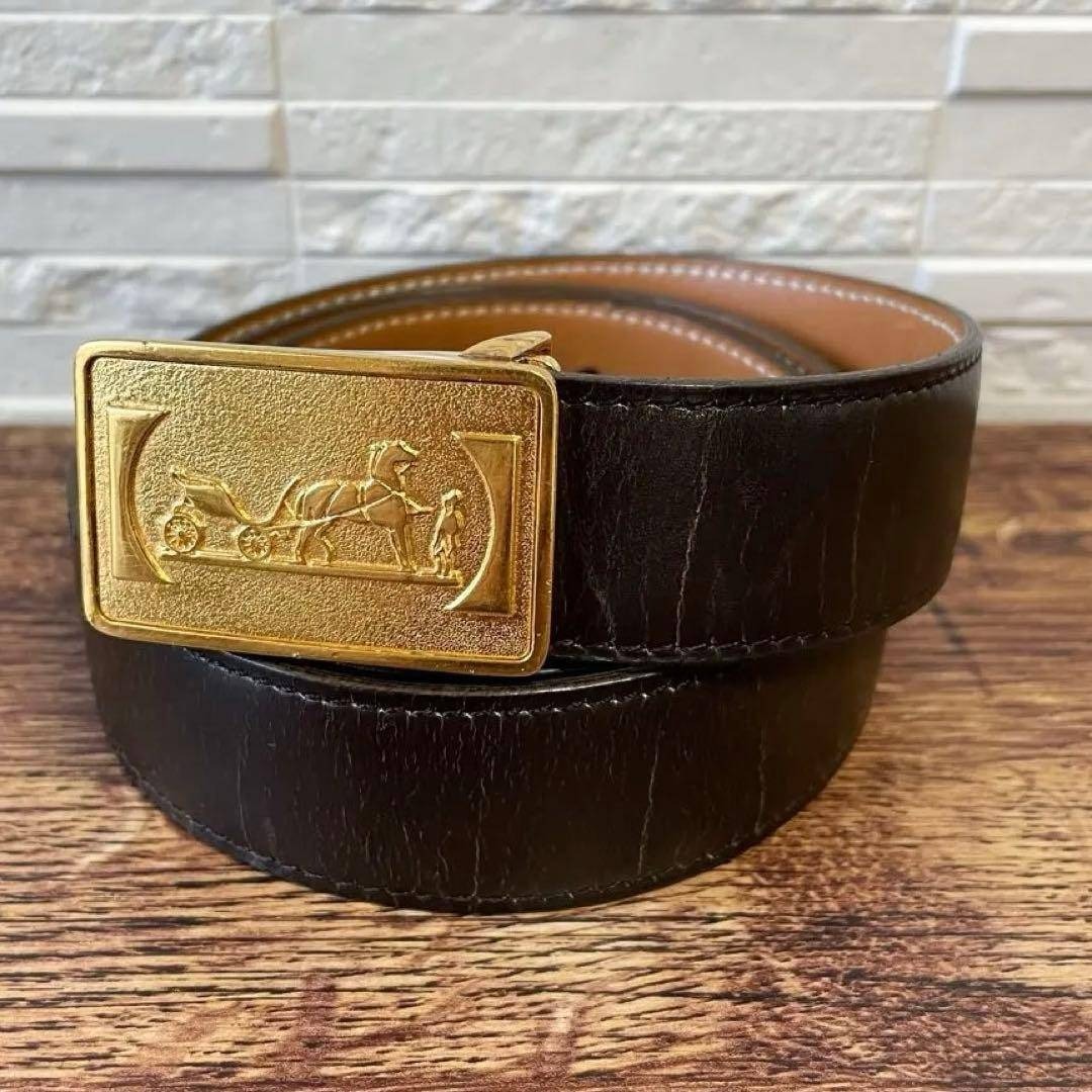 エルメス レザー 馬車金具 バックル ゴールド金具 ベルト ダークブラウン