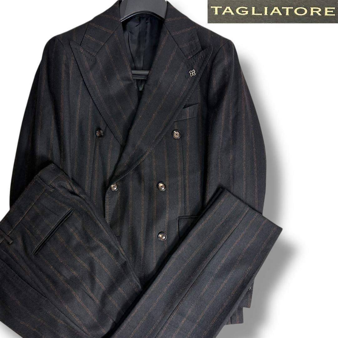 J5110 美品 タリアトーレ ストライプフランネルダブルスーツ 黒×茶 48
