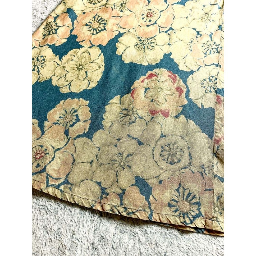 45R】綿100% フラワープリント インディゴAラインロングスカート 2