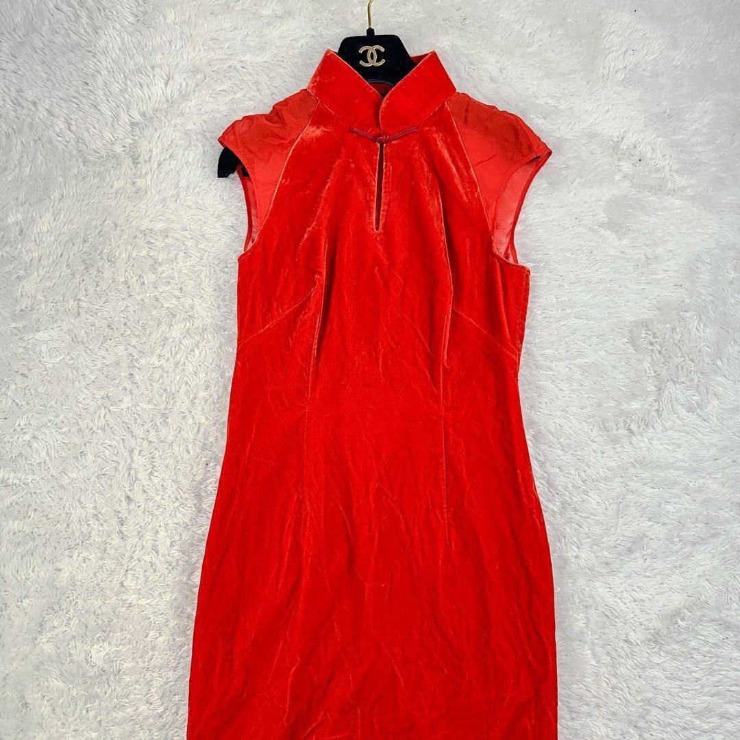 シャンハイタン 30周年記念 ロングワンピース ベロア チャイナドレス 赤 S