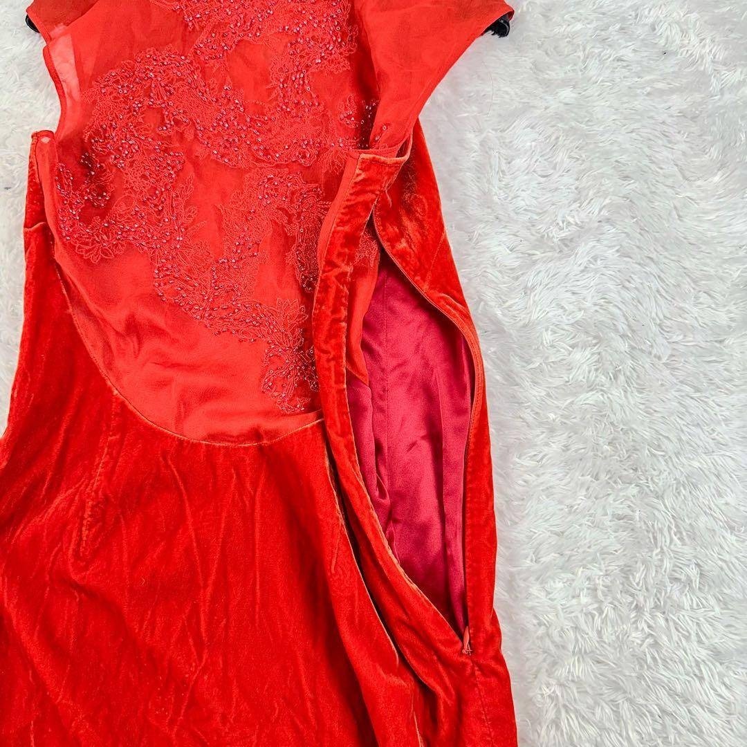 シャンハイタン 30周年記念 ロングワンピース ベロア チャイナドレス 赤 S