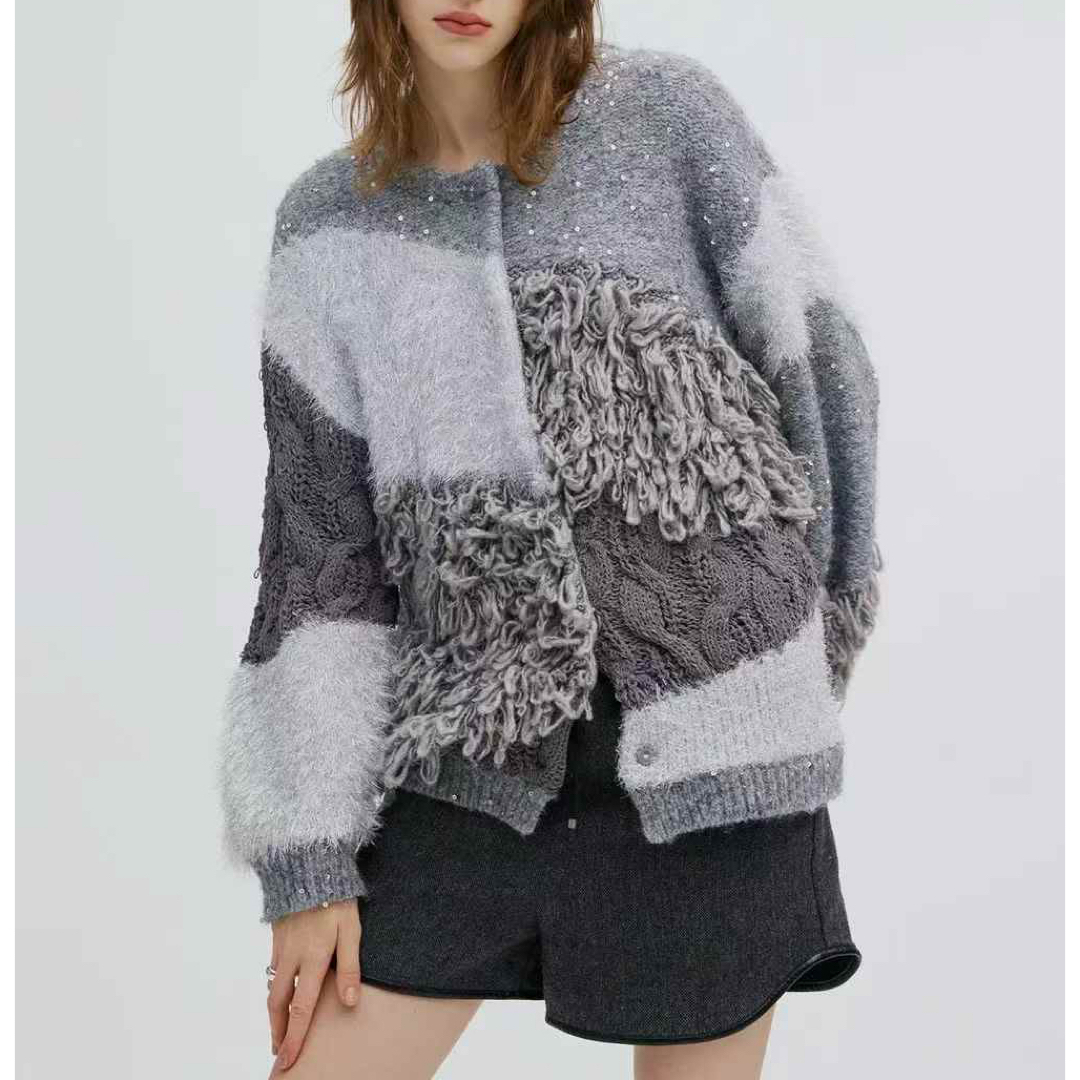 UND MIX YARN PATCHWORK KNIT CARDIGAN